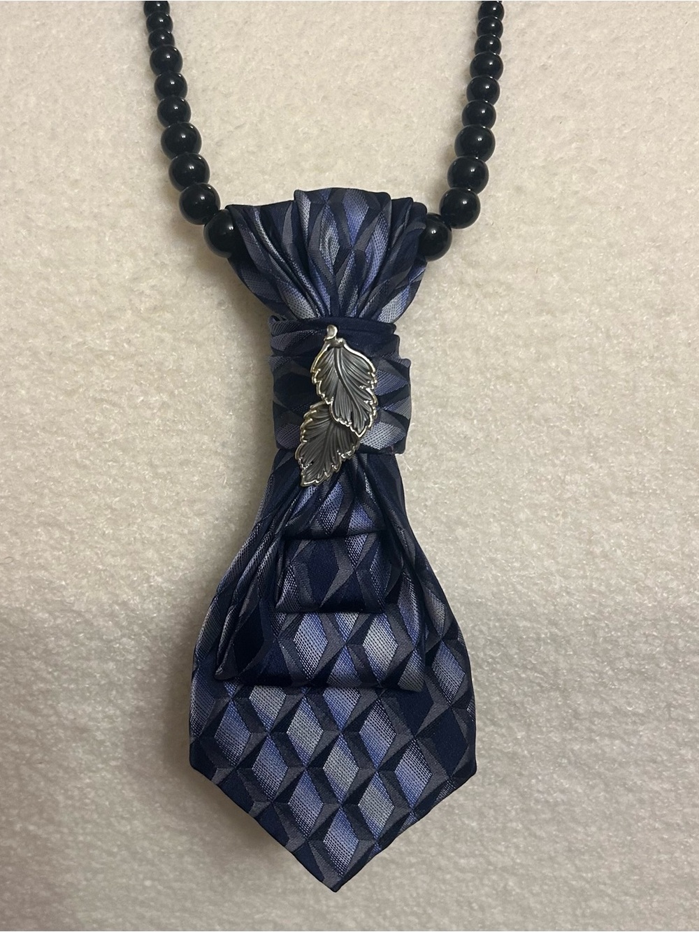 Upcycled Silk Tie Necklace with Embelishment